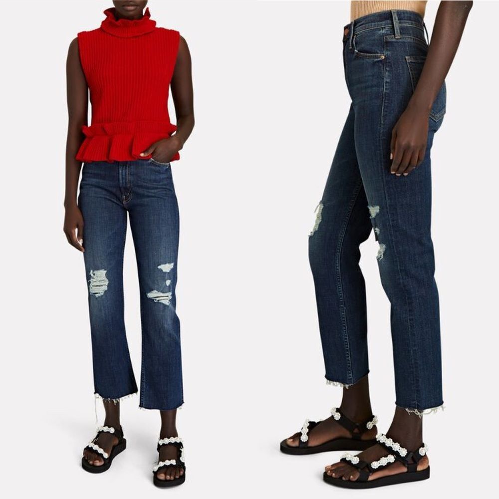 Mother Denim The High-Waisted Rider Ankle Jeans Dark Wash Distressed Size 27